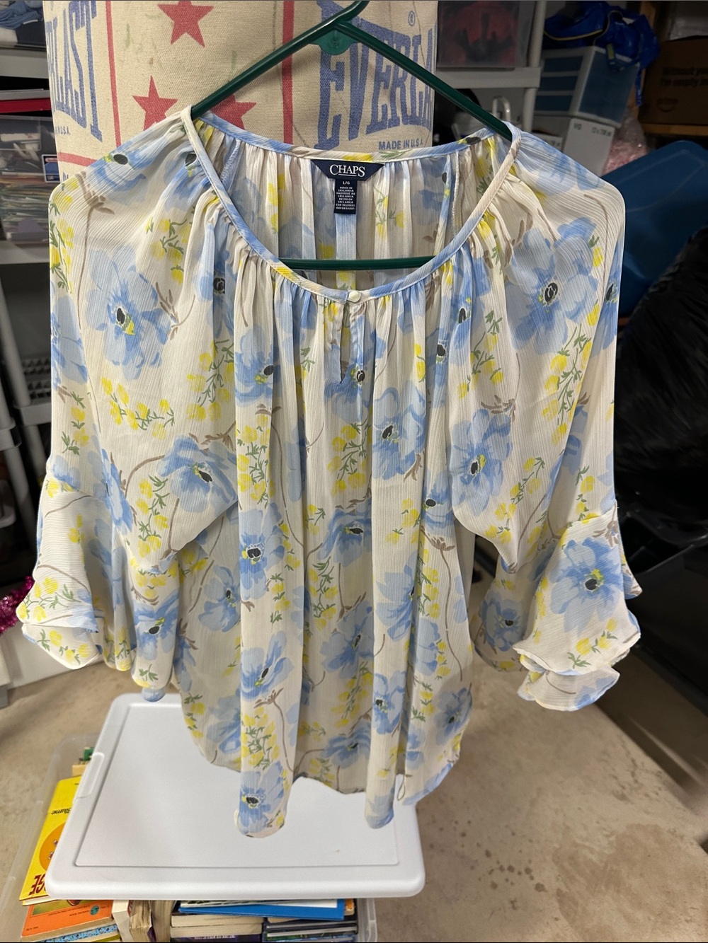 Chaps Floral Scoop-Neck Blouse in Light Blue, Yellow and Cream